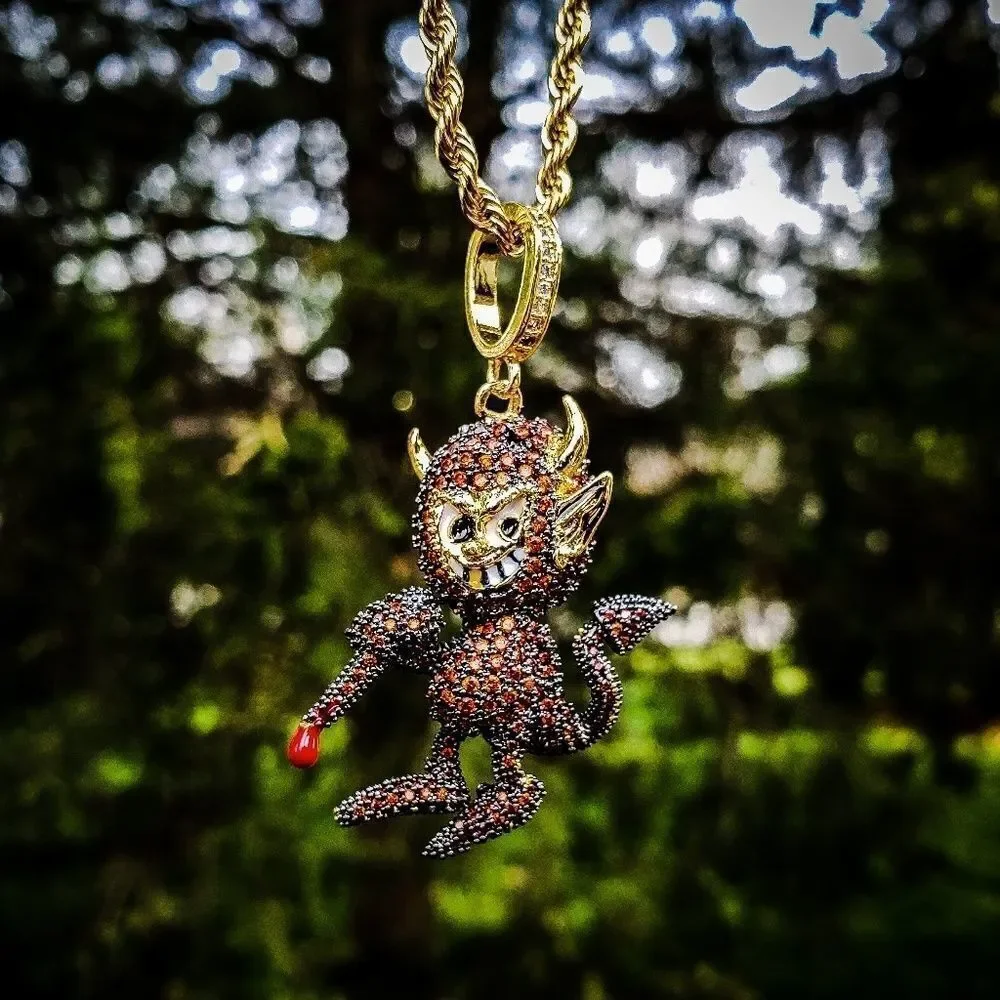 14k Gp Iced Out Lil Red Devil Necklace - Picture 3 of 3